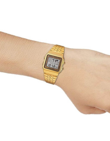 Casio – Affichage carte du monde – Digitale dorée – 5 alarmes – Bracelet en acier inoxydable – A500WGA-9DF