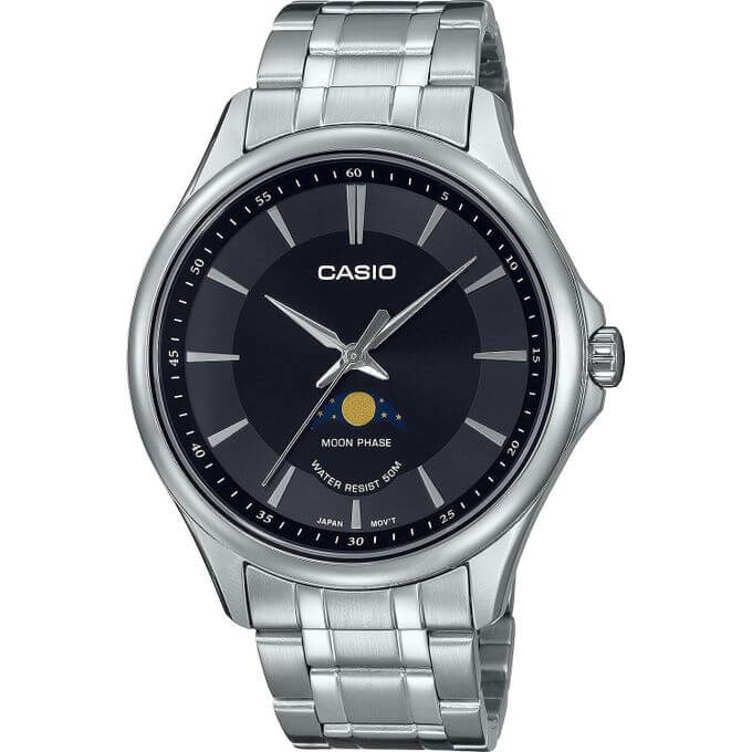 Casio – Montre cadran noir avec indicateur de phase de lune – Bracelet inoxydable – MTP-M100D-1AVDF