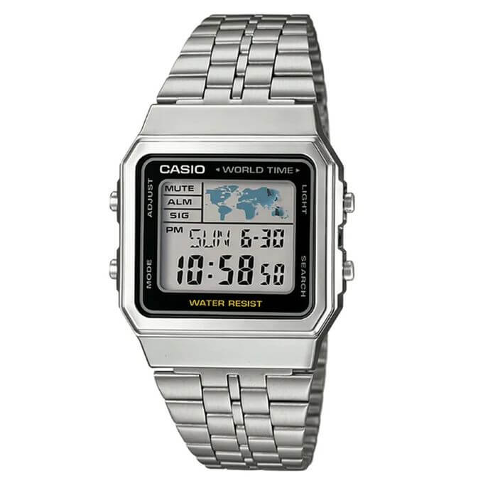 Casio – Affichage de la carte du monde – Vintage Collection – Bracelet en acier argenté – A500WA-1DF