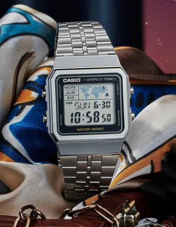 Casio – Affichage de la carte du monde – Vintage Collection – Bracelet en acier argenté – A500WA-1DF