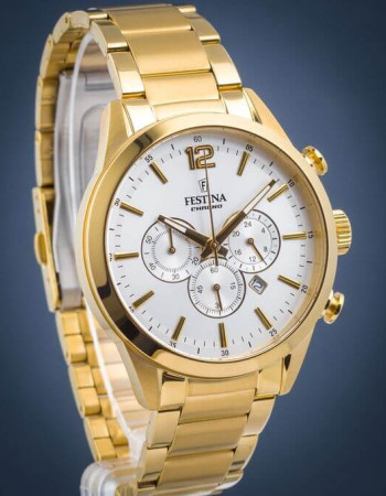 Festina – Tout en acier inoxydable doré – Cadran blanc avec dateur – Chronographe – F20633/1