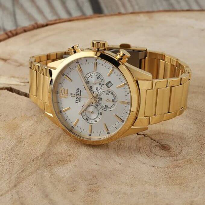 Festina – Tout en acier inoxydable doré – Cadran blanc avec dateur – Chronographe – F20633/1