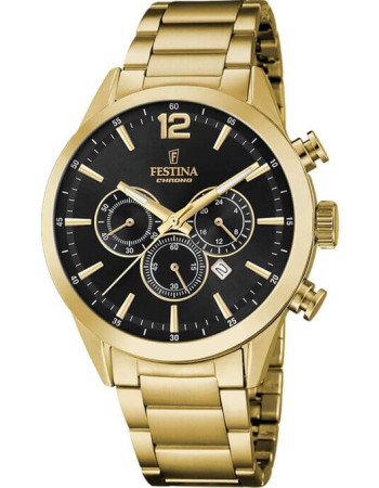 Festina – Montre dorée et cadran noir – Tout en acier inoxydable – Chronographe pour homme – F20633/3