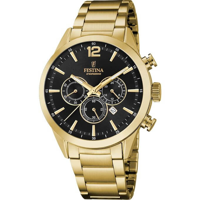 Festina – Montre dorée et cadran noir – Tout en acier inoxydable – Chronographe pour homme – F20633/3