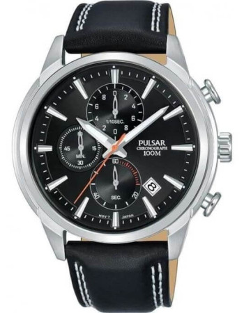 Pulsar – Argenté cadran noir – Bracelet cuir noir – Chronographe avec dateur – PM3119X1