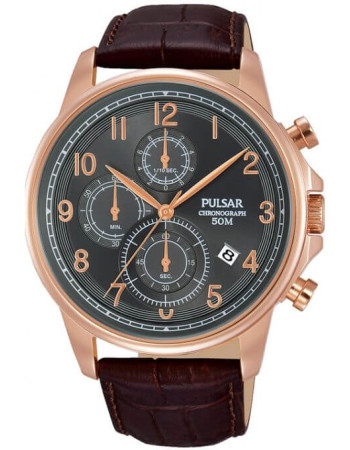 Pulsar – Bronze cadran noir – Bracelet cuir marron – Chronographe pour homme – PM3083X1