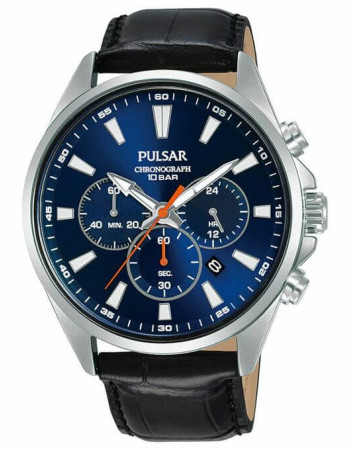 Pulsar – Fond bleu – Bracelet en cuir noir – Chronographe avec dateur – PT3A43X1