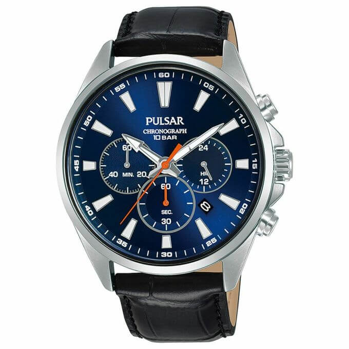 Pulsar – Fond bleu – Bracelet en cuir noir – Chronographe avec dateur – PT3A43X1