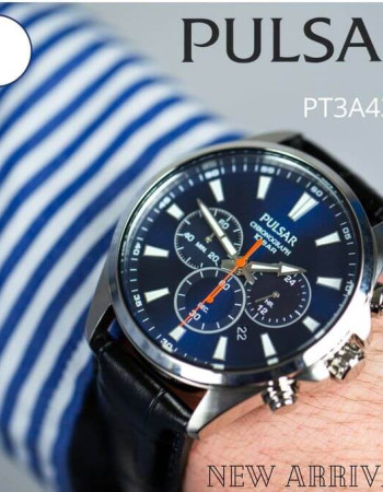 Pulsar – Fond bleu – Bracelet en cuir noir – Chronographe avec dateur – PT3A43X1