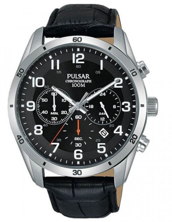 Pulsar – Cadran & bracelet cuir noir – Chronographe pour homme – WR 100m – PT3833X1