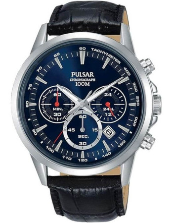 Pulsar – Montre pour homme – Chronographe avec dateur – Cadran bleu et bracelet cuir noir – PT3921X1