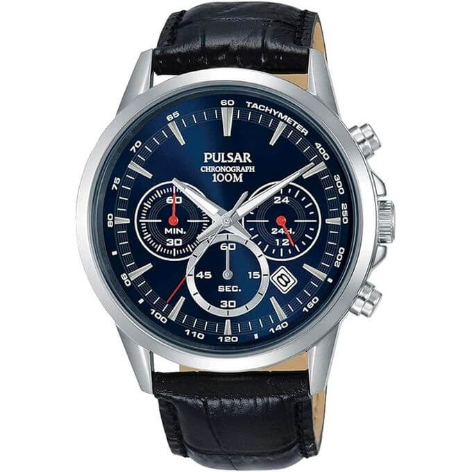 Pulsar – Montre pour homme – Chronographe avec dateur – Cadran bleu et bracelet cuir noir – PT3921X1