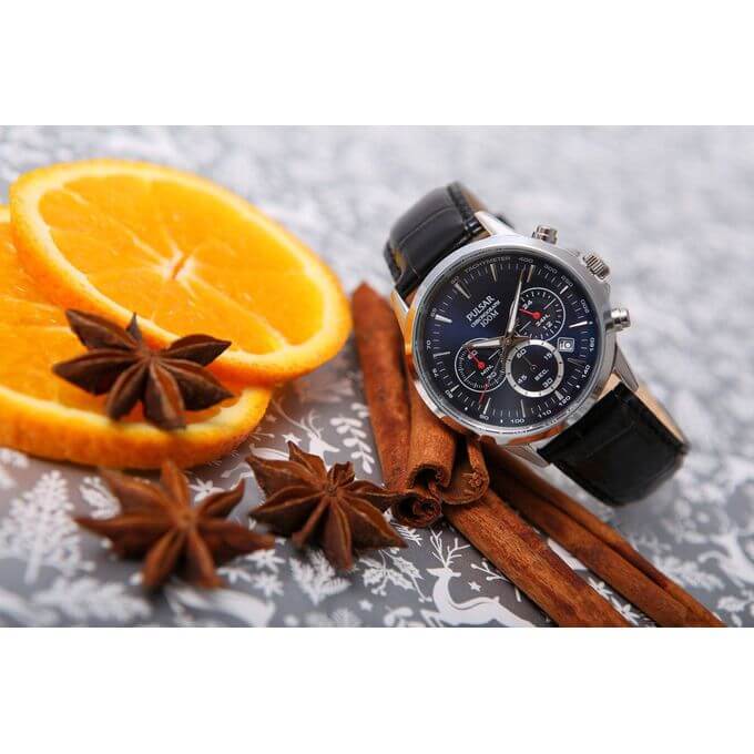 Pulsar – Montre pour homme – Chronographe avec dateur – Cadran bleu et bracelet cuir noir – PT3921X1