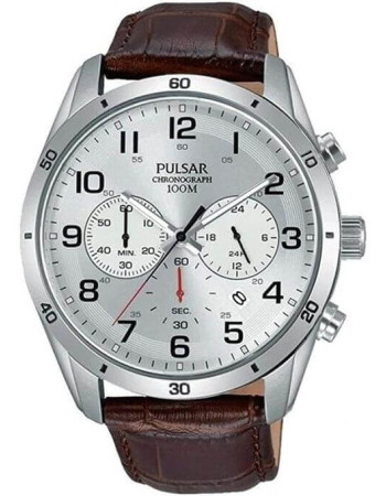 Pulsar – Montre chrono pour homme – En bracelet cuir marron et boîtier en acier inoxydable – PT3817X1
