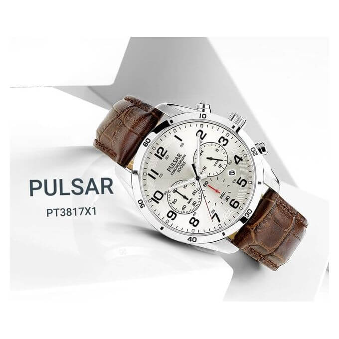 Pulsar – Montre chrono pour homme – En bracelet cuir marron et boîtier en acier inoxydable – PT3817X1