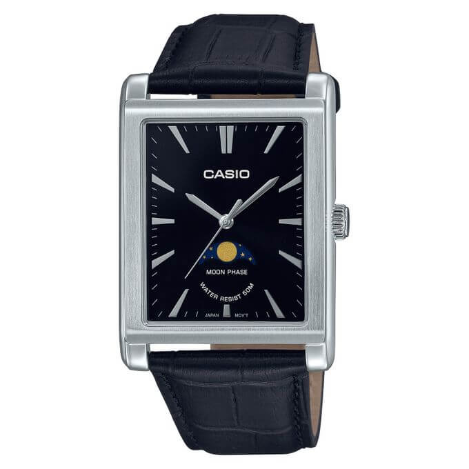 Casio – Montre pour homme – Indicateur de phase de lune – Cadran noir – Bracelet cuir noir – MTP-M105L-1AVDF