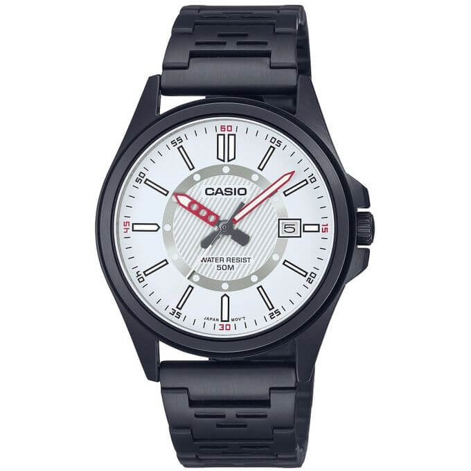 Casio – Montre homme cadran blanc avec dateur en bracelet métallique noir – MTP-E700B-7EVDF