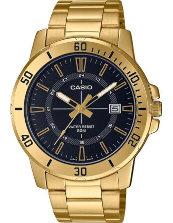 Casio – Résiste à l’eau jusqu’à 50 mètres – Doré, cadran noir – Tout en acier inoxydable – MTP-VD01G-1CV