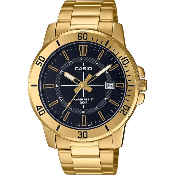 Casio – Résiste à l’eau jusqu’à 50 mètres – Doré, cadran noir – Tout en acier inoxydable – MTP-VD01G-1CV