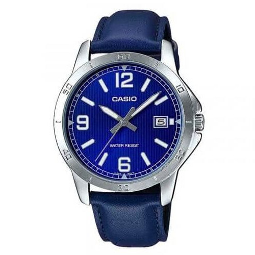 Casio – Montre homme argentée, bracelet en cuir bleu – MTP-V004L-2BUDF