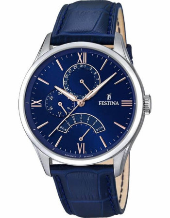Festina – Bleu pour hommes – Bracelet en cuir croco bleu – Index tirets bronze – F16823/3