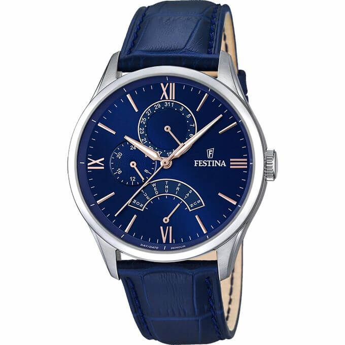 Festina – Bleu pour hommes – Bracelet en cuir croco bleu – Index tirets bronze – F16823/3