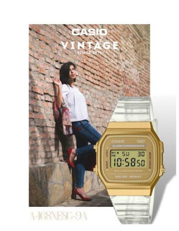 Casio – Unisexe – Digitale dorée – Bracelet semi-transparent – Alarme – A168XESG-9A