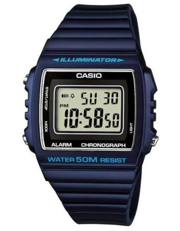 Casio – Digitale bleu – Carrée & étanche 50 mètres – Bracelet en silicone lisse – W-215H-2AV
