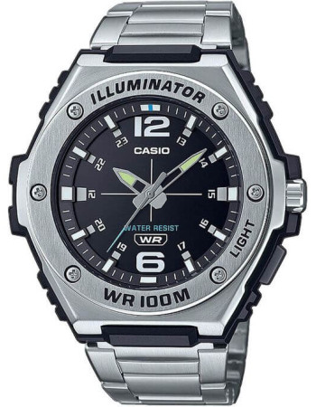 Casio – Dateur – Cadran noir avec bouton d’éclairage – Bracelet en acier inoxydable – MWA-100HD-1A