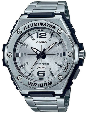 Casio – Cadran blanc avec bouton d’éclairage – Dateur – Bracelet en acier inoxydable – MWA-100HD-7AV
