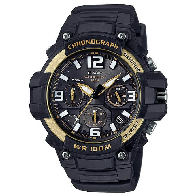 Casio – Chronographe sport pour homme – Noir/Doré – Étanche 10 BAR – MCW-100H-9A2V