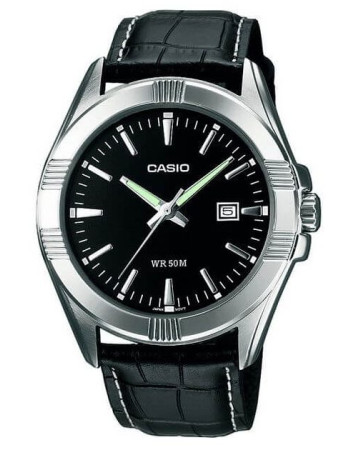 Casio – En cuir noir – Cadran noir – Aiguilles fluorescentes – MTP-1308L-1A