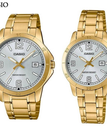 Casio – Couple – Cadran blanc – Bracelet en acier inoxydable – Aiguilles fluorescentes – MLTP-V004G-7B2