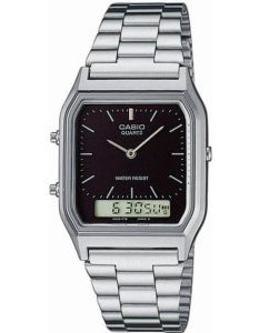 Casio – Classique Duel Time – Vintage Collection en fond noir – Bracelet en acier inoxydable – AQ-230A-1DMQ