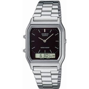 Casio – Classique Duel Time – Vintage Collection en fond noir – Bracelet en acier inoxydable – AQ-230A-1DMQ