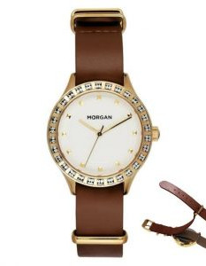 Morgan – Montre femme – Bracelet NATO en cuir brun – Cadran blanc doré – MG001S/1BU