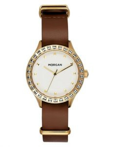 Morgan – Montre femme – Bracelet NATO en cuir brun – Cadran blanc doré – MG001S/1BU