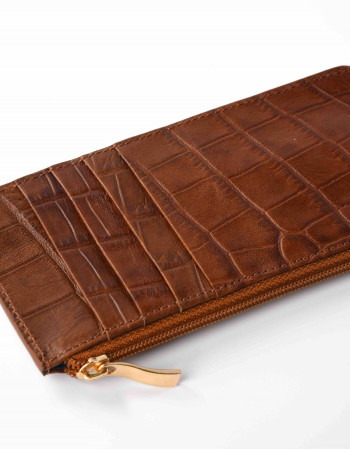 Portefeuille zippé croco chocolat