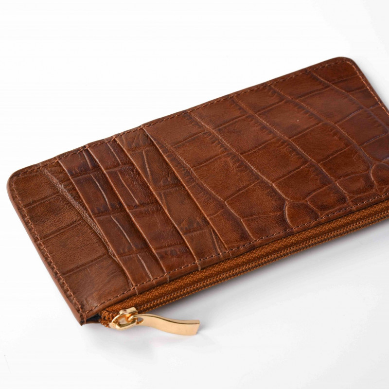 Portefeuille zippé croco chocolat