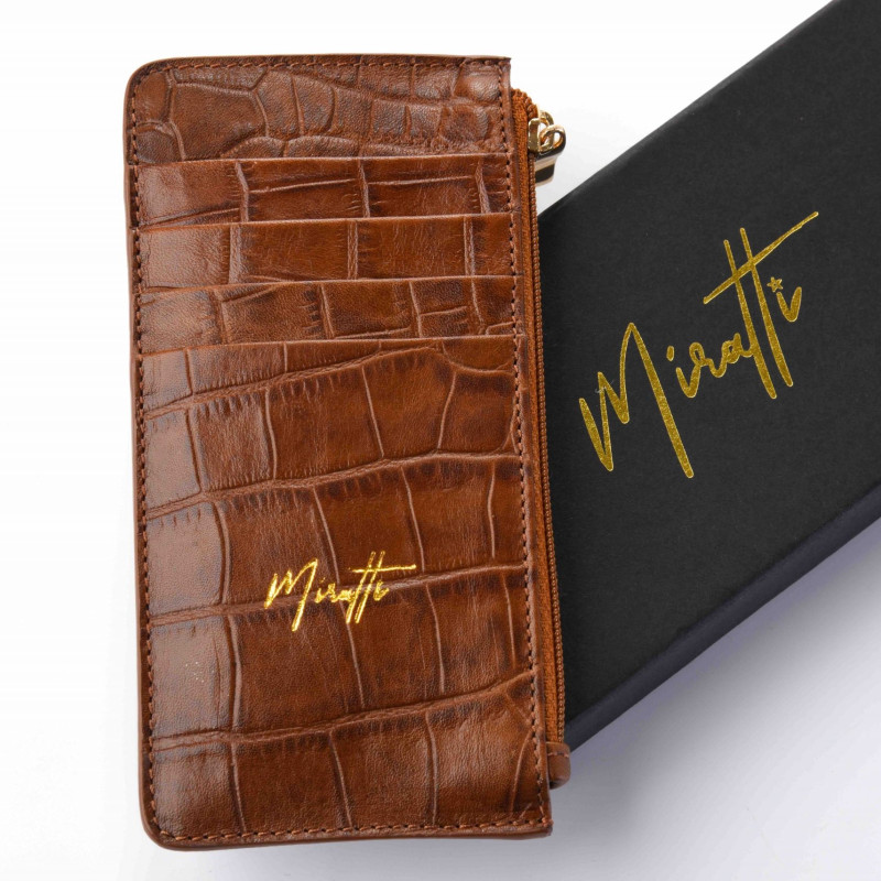 Portefeuille zippé croco chocolat