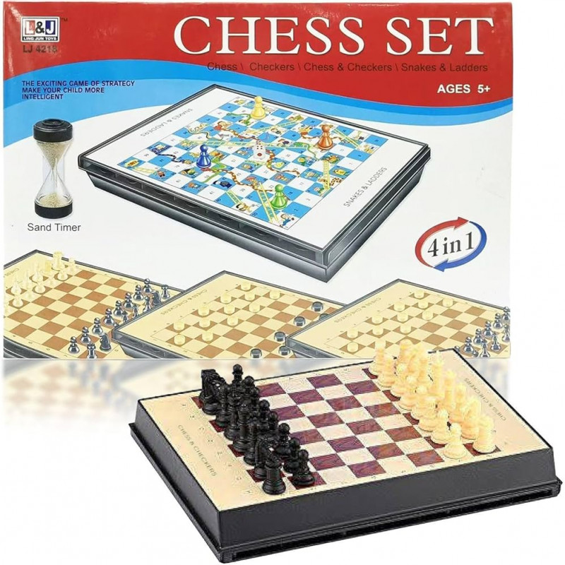 Coffret 4 en 1 : Échecs, Dames, Serpents et Échelles