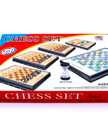 Coffret 5 en 1 : Échecs, Dames, Serpents & Échelles, Ludo + Sablier 