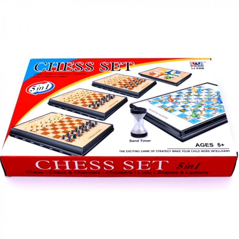 Coffret 5 en 1 : Échecs, Dames, Serpents & Échelles, Ludo + Sablier 