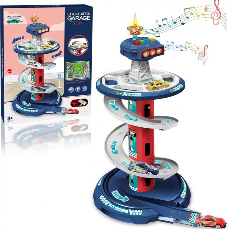 Garage de voitures pour enfants – Circuit de course avec sons, lumières, 3 voitures et tapis de jeu