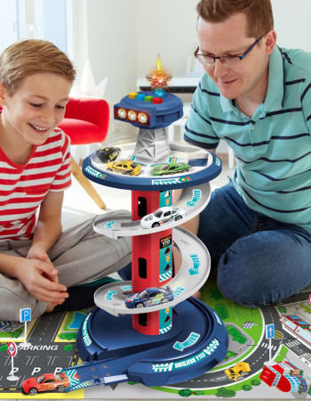 Garage de voitures pour enfants – Circuit de course avec sons, lumières, 3 voitures et tapis de jeu